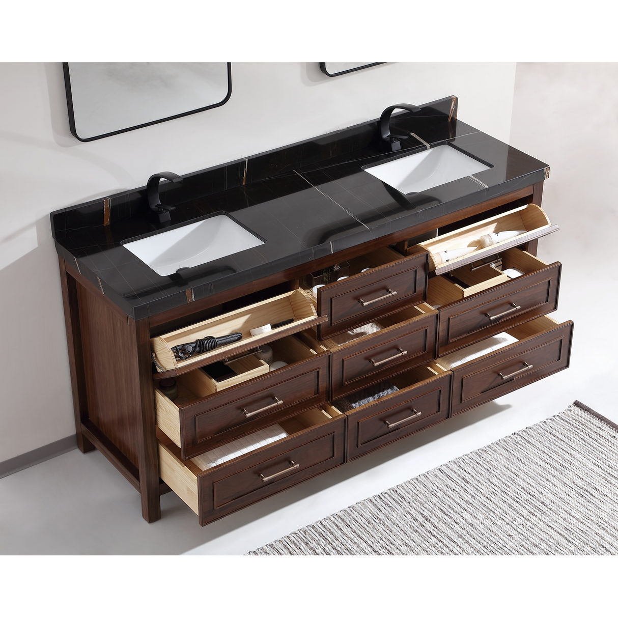 Legion Furniture 72" EBONY DOUBLE SINK VANITY DARK FINISH WITH WK-72 TOP 2" THICK BLACK NATURAL TOP WK2428-72-EB-WITH BLACK NATURAL TOP