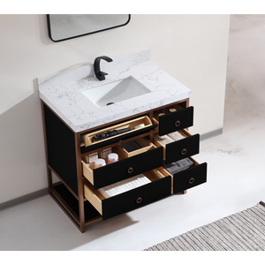 Legion Furniture 36" VANITY WITH GOLDEN BRUSH STAINLESS STEEL FRAME AND TRICORN BLACK FINISH WITH 2' THICK WHITE ARTIFICIAL STONE TOP WK2438-36-BG-WITH WHITE ARTIFICIAL TOP