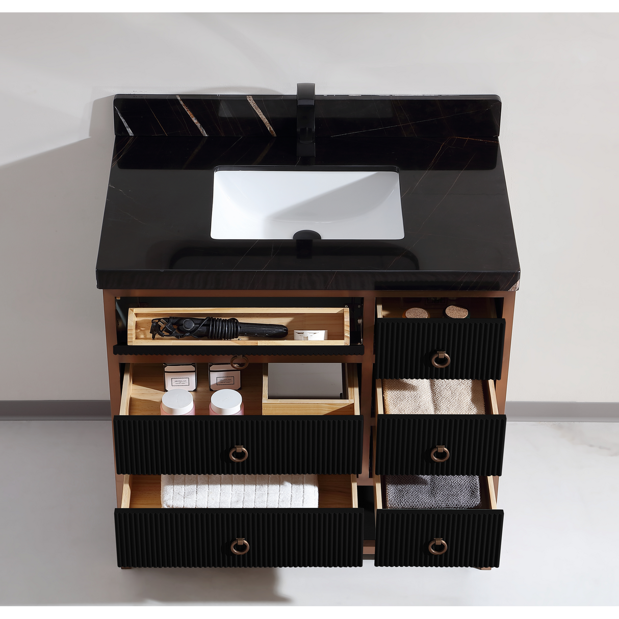 Legion Furniture 36" VANITY WITH GOLDEN BRUSH STAINLESS STEEL FRAME AND TRICORN BLACK FINISH WITH 2' THICK BLACK NATUAL STONE TOP WK2438-36-BG-WITH BLACK NATURAL TOP