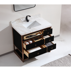 Legion Furniture 36" VANITY WITH GOLDEN BRUSH STAINLESS STEEL FRAME AND TRICORN BLACK FINISH WITH 2' THICK WHITE NATUAL STONE TOP WK2438-36-BG-WITH WHITE NATURAL TOP