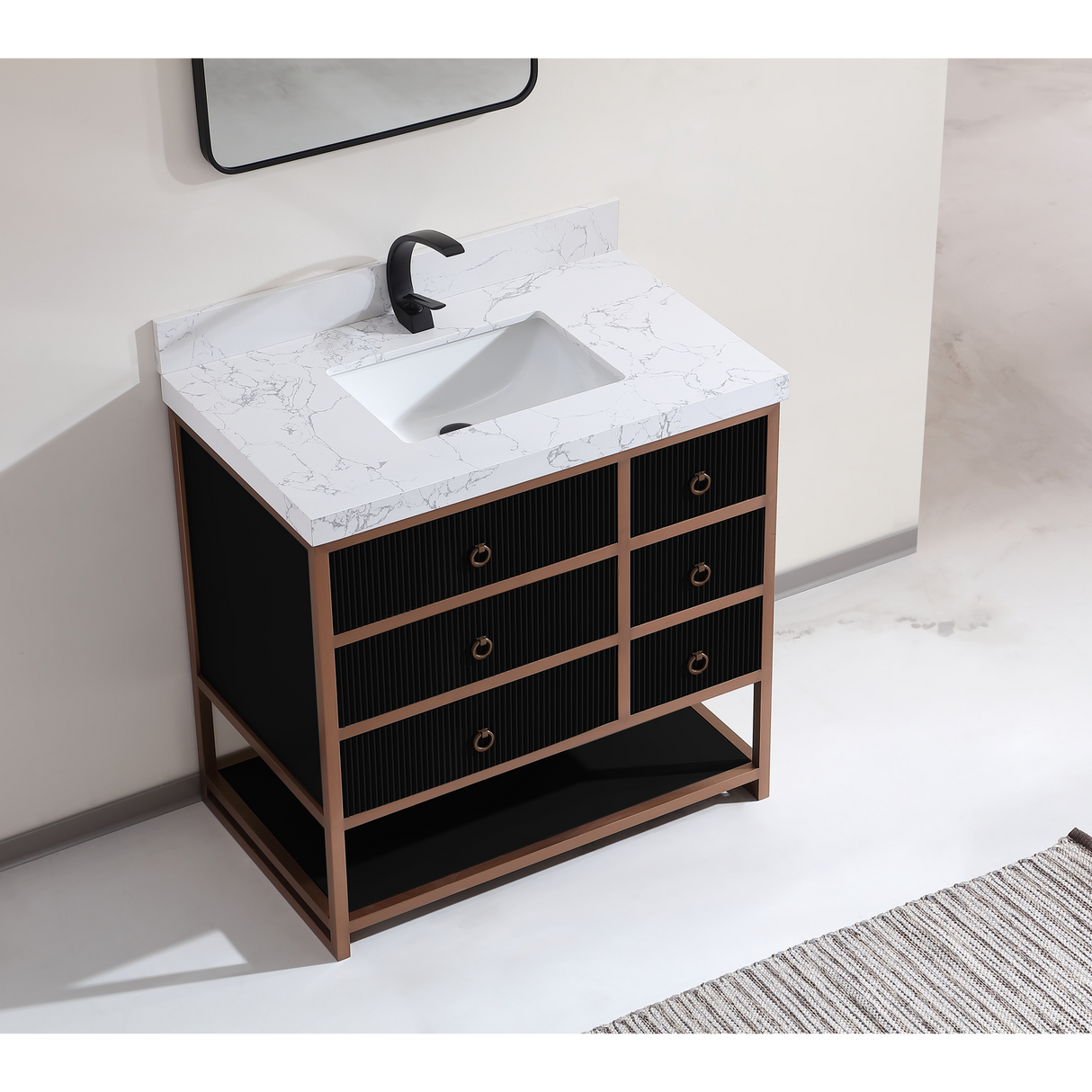 Legion Furniture 36" VANITY WITH GOLDEN BRUSH STAINLESS STEEL FRAME AND TRICORN BLACK FINISH WITH 2' THICK WHITE ARTIFICIAL STONE TOP WK2438-36-BG-WITH WHITE ARTIFICIAL TOP