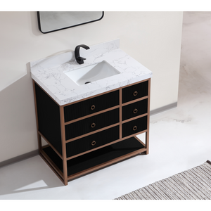 Legion Furniture 36" VANITY WITH GOLDEN BRUSH STAINLESS STEEL FRAME AND TRICORN BLACK FINISH WITH 2' THICK WHITE ARTIFICIAL STONE TOP WK2438-36-BG-WITH WHITE ARTIFICIAL TOP