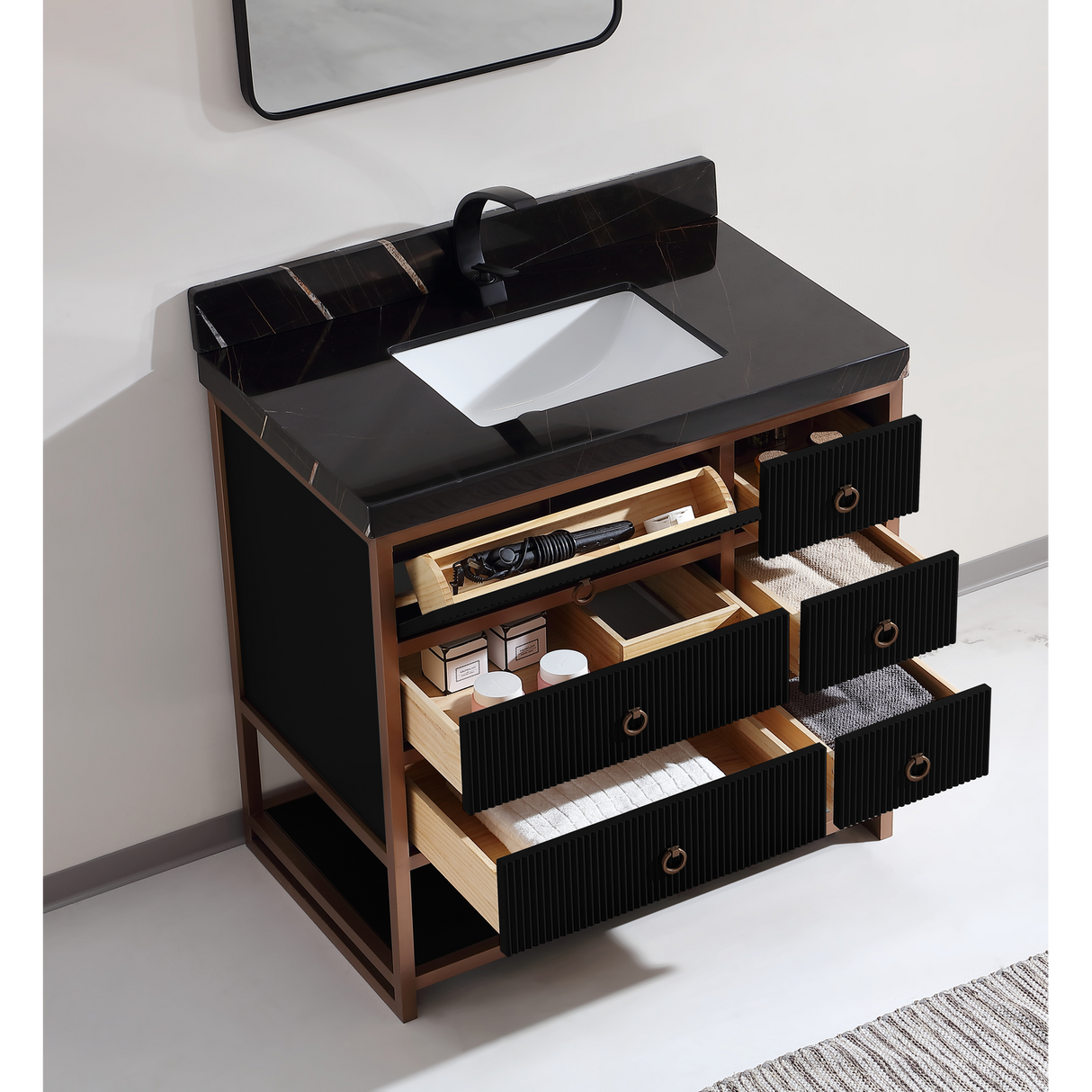 Legion Furniture 36" VANITY WITH GOLDEN BRUSH STAINLESS STEEL FRAME AND TRICORN BLACK FINISH WITH 2' THICK BLACK NATUAL STONE TOP WK2438-36-BG-WITH BLACK NATURAL TOP