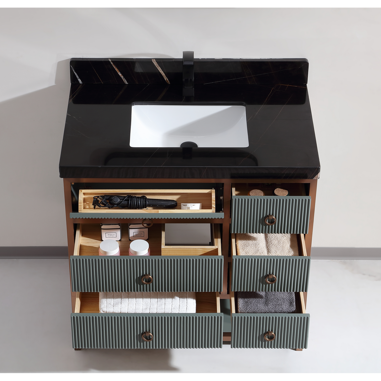 Legion Furniture 36" VANITY WITH GOLDEN BRUSH STAINLESS STEEL FRAME AND PEWTER GREEN FINISH WITH 2" THICK BLACK NATUAL STONE TOP WK2438-36-PG-WITH BLACK NATURAL TOP