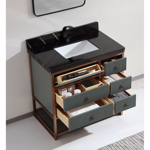 Legion Furniture 36" VANITY WITH GOLDEN BRUSH STAINLESS STEEL FRAME AND PEWTER GREEN FINISH WITH 2" THICK BLACK NATUAL STONE TOP WK2438-36-PG-WITH BLACK NATURAL TOP