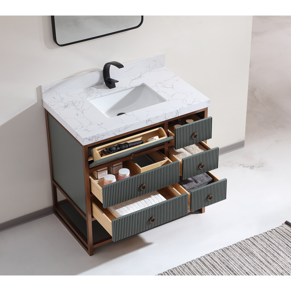 Legion Furniture 36" VANITY WITH GOLDEN BRUSH STAINLESS STEEL FRAME AND PEWTER GREEN FINISH WITH 2" THICK WHITE ARTIFICIAL STONE TOP WK2438-36-PG-WITH WHITE ARTIFICIAL TOP