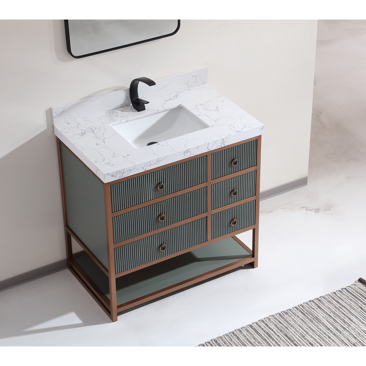 Legion Furniture 36" VANITY WITH GOLDEN BRUSH STAINLESS STEEL FRAME AND PEWTER GREEN FINISH WITH 2" THICK WHITE ARTIFICIAL STONE TOP WK2438-36-PG-WITH WHITE ARTIFICIAL TOP
