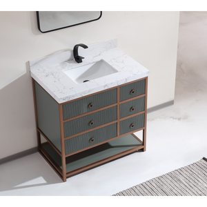Legion Furniture 36" VANITY WITH GOLDEN BRUSH STAINLESS STEEL FRAME AND PEWTER GREEN FINISH WITH 2" THICK WHITE ARTIFICIAL STONE TOP WK2438-36-PG-WITH WHITE ARTIFICIAL TOP