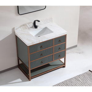 Legion Furniture 36" VANITY WITH GOLDEN BRUSH STAINLESS STEEL FRAME AND PEWTER GREEN FINISH WITH 2" THICK WHITE NATUAL STONE TOP WK2438-36-PG-WITH WHITE NATURAL TOP