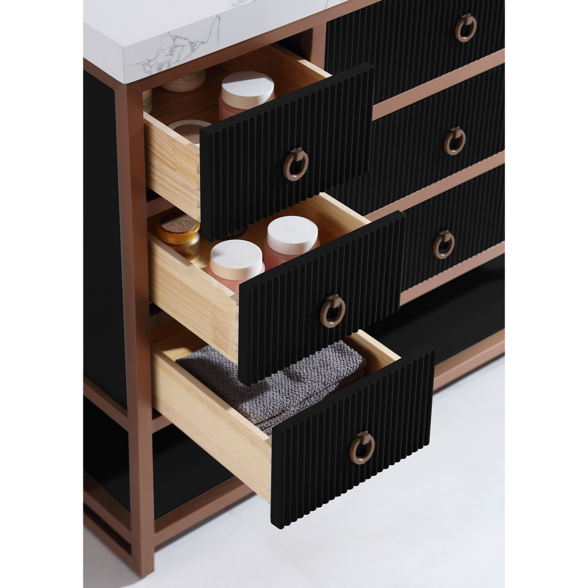 Legion Furniture 48" VANITY WITH GOLDEN BRUSH STAINLESS STEEL FRAME AND TRICORN BLACK FINISH WITH 2' THICK WHITE ARTIFICIAL STONE TOP WK2438-48-BG-WITH WHITE ARTIFICIAL TOP
