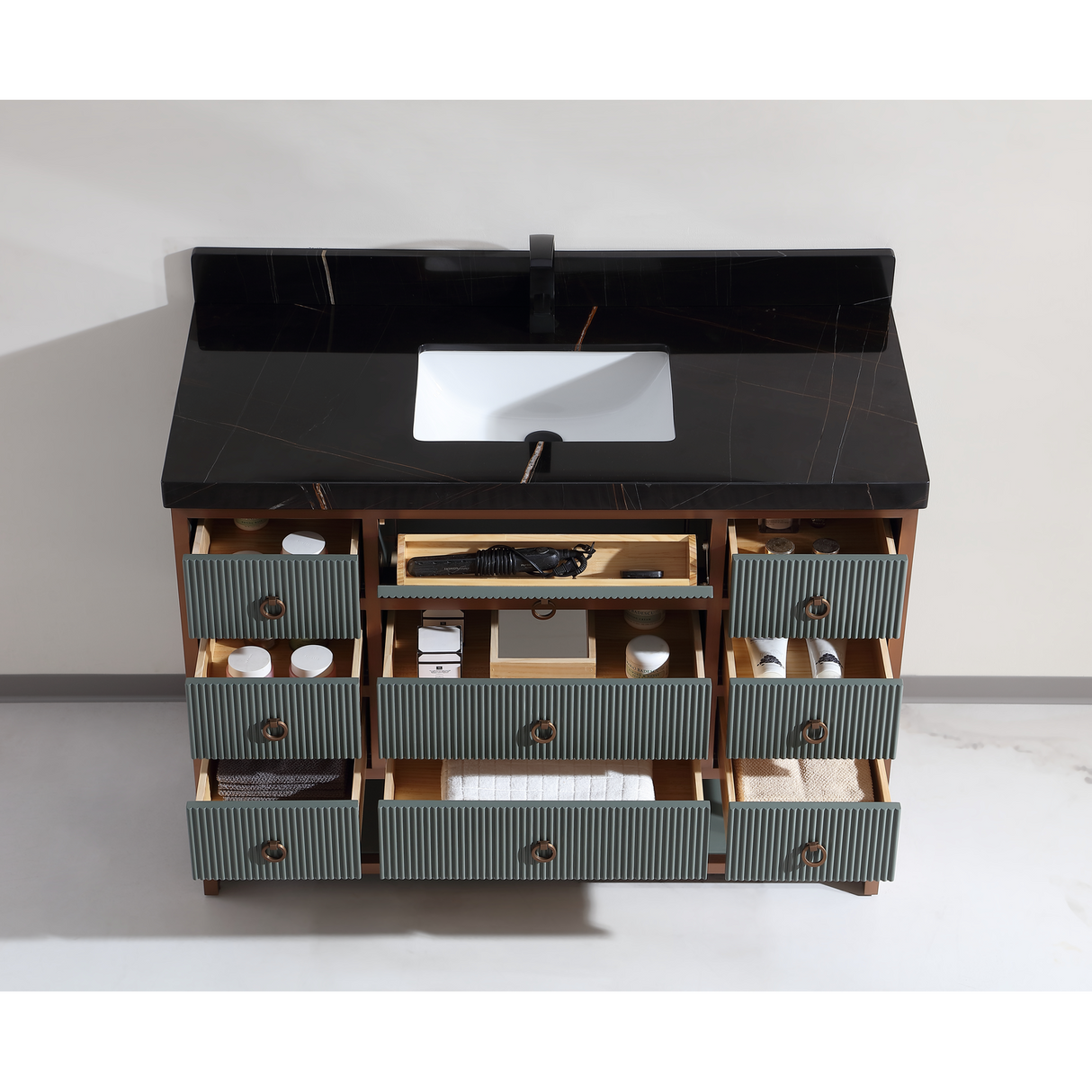 Legion Furniture 48" VANITY WITH GOLDEN BRUSH STAINLESS STEEL FRAME AND PEWTER GREEN FINISH WITH 2" THICK BLACK NATUAL STONE TOP WK2438-48-PG-WITH BLACK NATURAL TOP