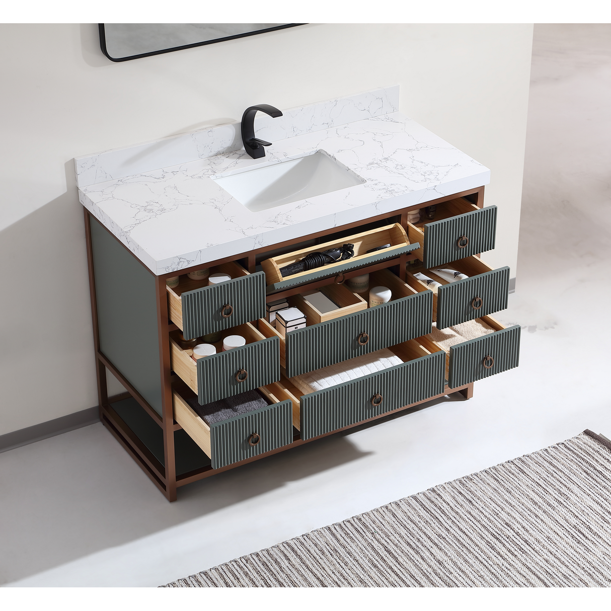 Legion Furniture 48" VANITY WITH GOLDEN BRUSH STAINLESS STEEL FRAME AND PEWTER GREEN FINISH WITH 2" THICK WHITE ARTIFICIAL STONE TOP WK2438-48-PG-WITH WHITE ARTIFICIAL TOP