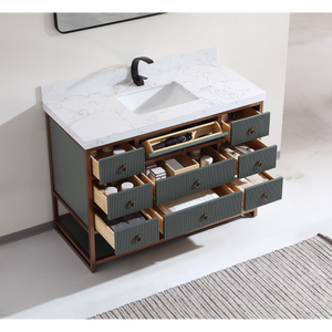 Legion Furniture 48" VANITY WITH GOLDEN BRUSH STAINLESS STEEL FRAME AND PEWTER GREEN FINISH WITH 2" THICK WHITE ARTIFICIAL STONE TOP WK2438-48-PG-WITH WHITE ARTIFICIAL TOP