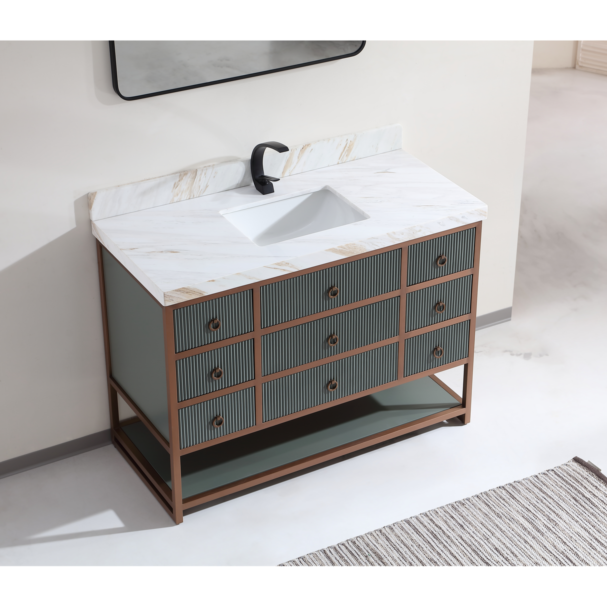 Legion Furniture 48" VANITY WITH GOLDEN BRUSH STAINLESS STEEL FRAME AND PEWTER GREEN FINISH WITH 2" THICK WHITE NATUAL STONE TOP WK2438-48-PG-WITH WHITE NATURAL TOP