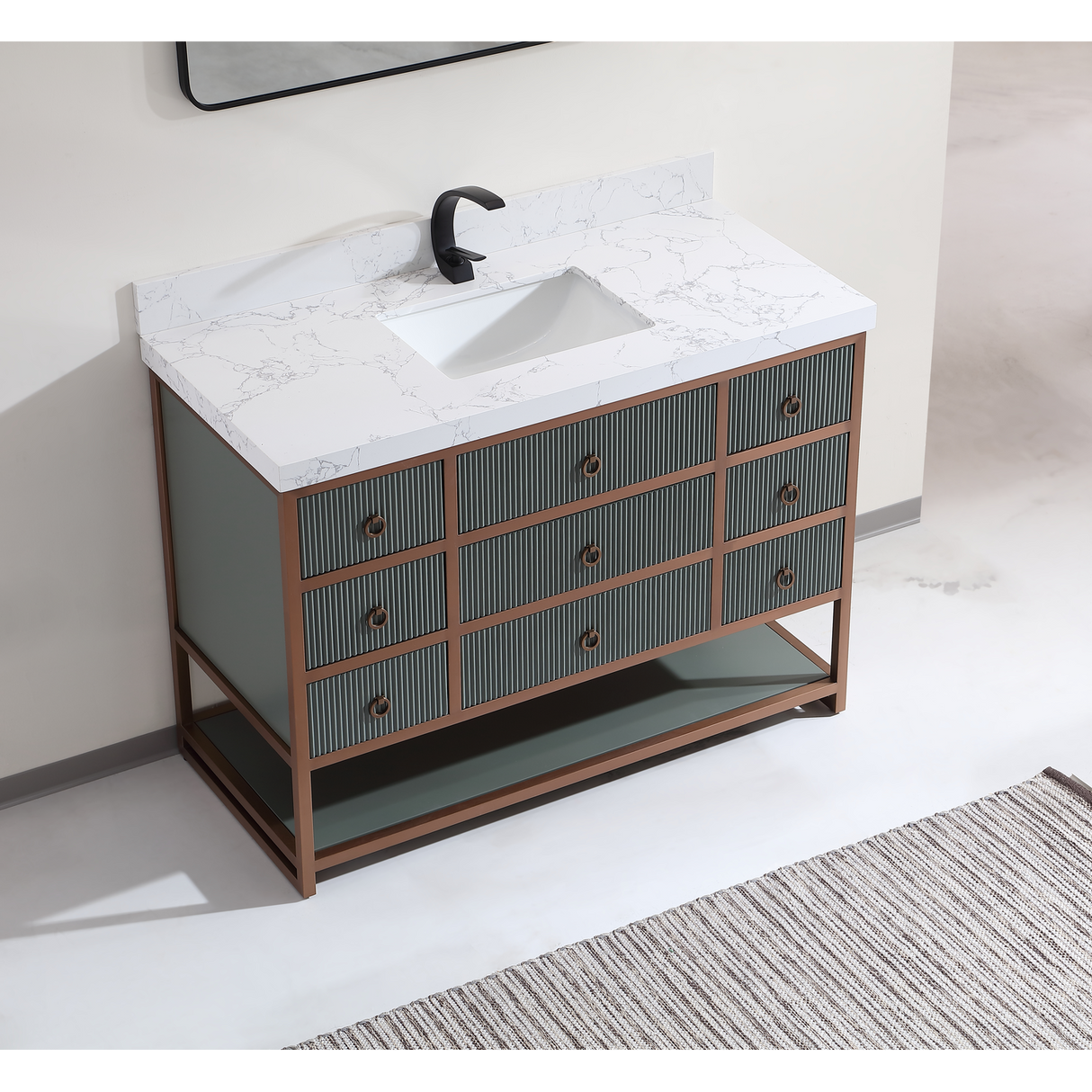 Legion Furniture 48" VANITY WITH GOLDEN BRUSH STAINLESS STEEL FRAME AND PEWTER GREEN FINISH WITH 2" THICK WHITE ARTIFICIAL STONE TOP WK2438-48-PG-WITH WHITE ARTIFICIAL TOP