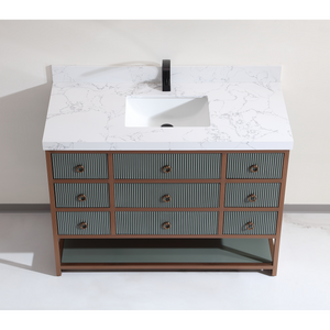 Legion Furniture 48" VANITY WITH GOLDEN BRUSH STAINLESS STEEL FRAME AND PEWTER GREEN FINISH WITH 2" THICK WHITE ARTIFICIAL STONE TOP WK2438-48-PG-WITH WHITE ARTIFICIAL TOP