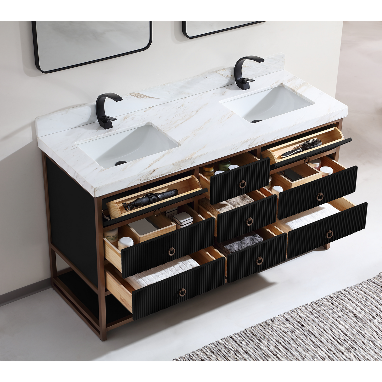 Legion Furniture 60" DOUBLE VANITY WITH GOLDEN BRUSH STAINLESS STEEL FRAME AND TRICORN BLACK FINISH WITH 2' THICK WHITE NATUAL STONE TOP WK2438-60D-BG-WITH WHITE NATURAL TOP