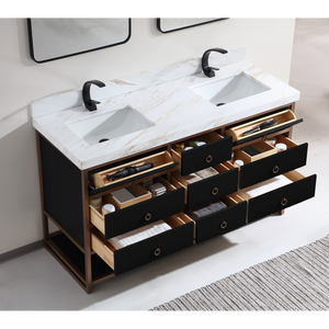 Legion Furniture 60" DOUBLE VANITY WITH GOLDEN BRUSH STAINLESS STEEL FRAME AND TRICORN BLACK FINISH WITH 2' THICK WHITE NATUAL STONE TOP WK2438-60D-BG-WITH WHITE NATURAL TOP