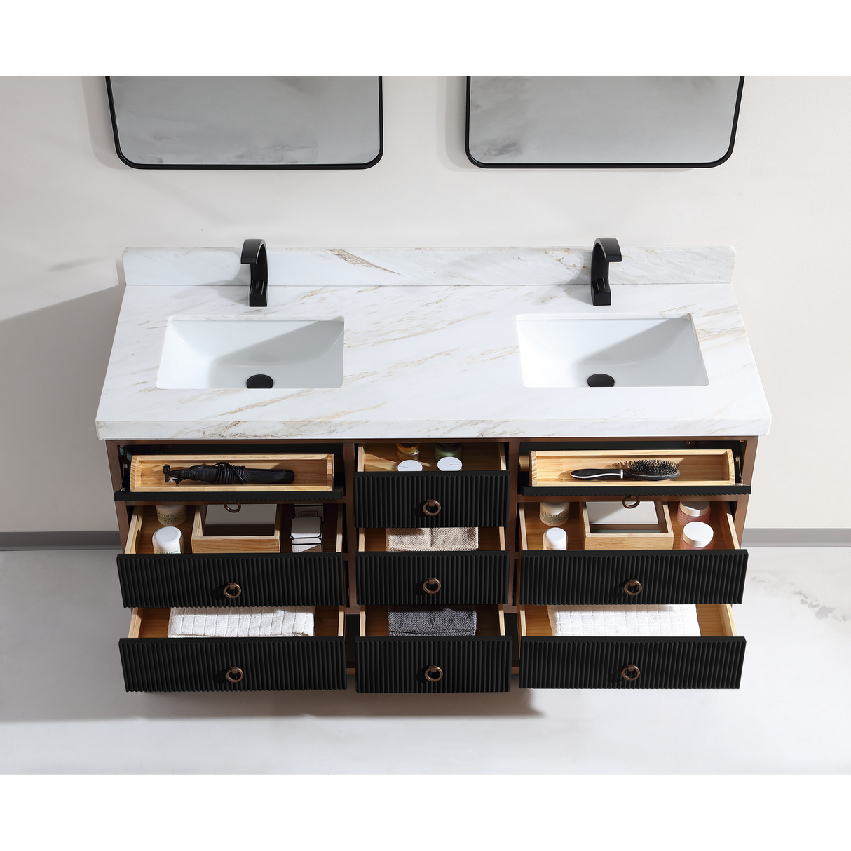 Legion Furniture 60" DOUBLE VANITY WITH GOLDEN BRUSH STAINLESS STEEL FRAME AND TRICORN BLACK FINISH WITH 2' THICK WHITE NATUAL STONE TOP WK2438-60D-BG-WITH WHITE NATURAL TOP