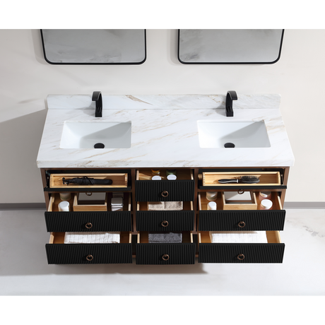 Legion Furniture 60" DOUBLE VANITY WITH GOLDEN BRUSH STAINLESS STEEL FRAME AND TRICORN BLACK FINISH WITH 2' THICK WHITE NATUAL STONE TOP WK2438-60D-BG-WITH WHITE NATURAL TOP