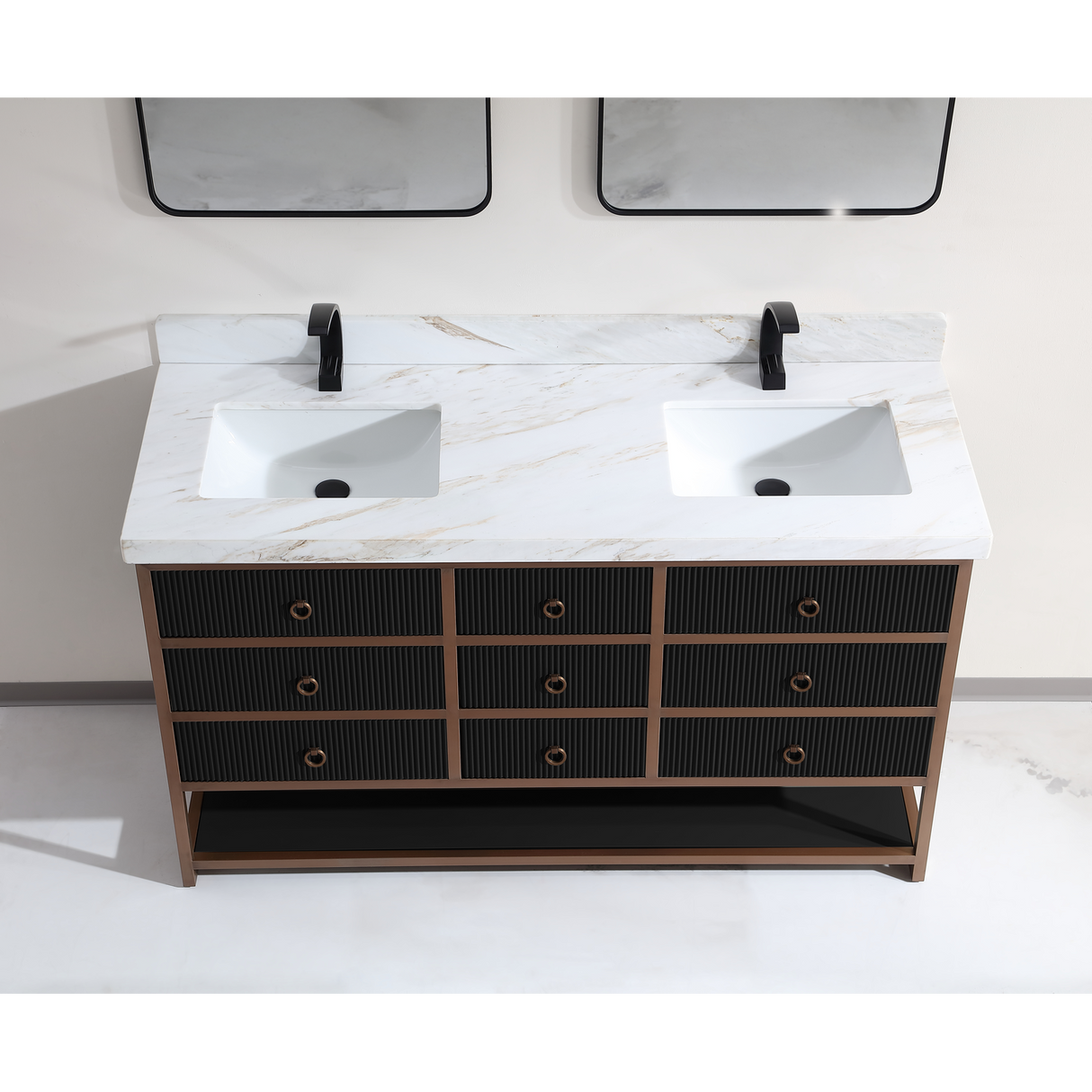 Legion Furniture 60" DOUBLE VANITY WITH GOLDEN BRUSH STAINLESS STEEL FRAME AND TRICORN BLACK FINISH WITH 2' THICK WHITE NATUAL STONE TOP WK2438-60D-BG-WITH WHITE NATURAL TOP