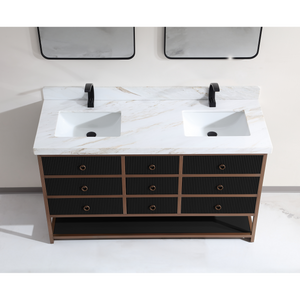Legion Furniture 60" DOUBLE VANITY WITH GOLDEN BRUSH STAINLESS STEEL FRAME AND TRICORN BLACK FINISH WITH 2' THICK WHITE NATUAL STONE TOP WK2438-60D-BG-WITH WHITE NATURAL TOP