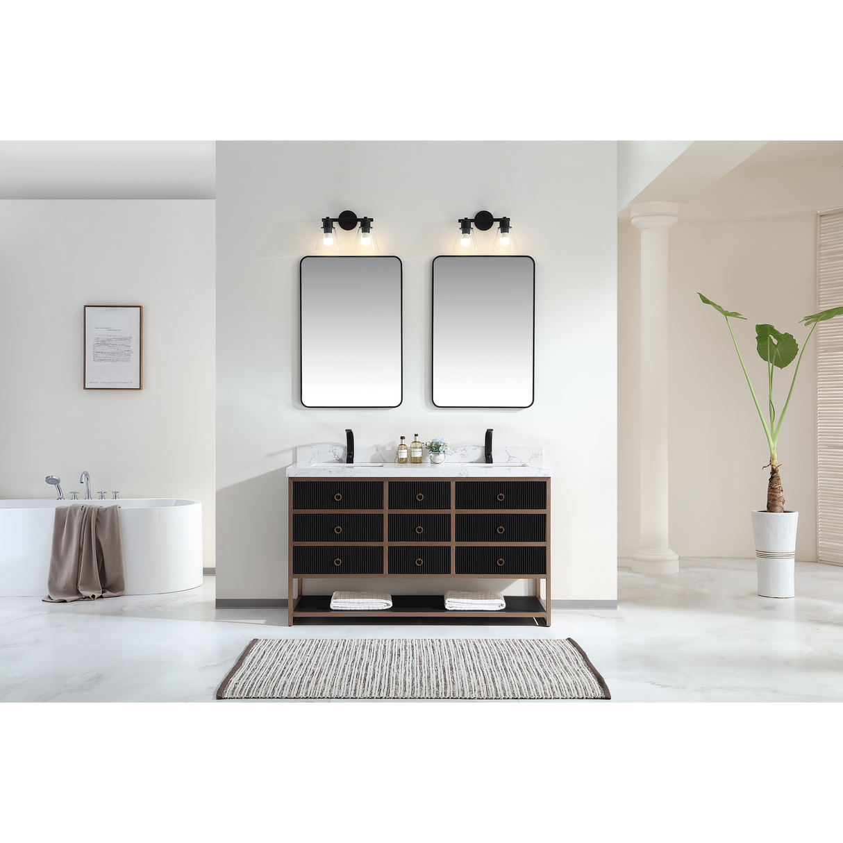 Legion Furniture 60" DOUBLE VANITY WITH GOLDEN BRUSH STAINLESS STEEL FRAME AND TRICORN BLACK FINISH WITH 2' THICK WHITE ARTIFICIAL STONE TOP WK2438-60D-BG-WITH WHITE ARTIFICIAL TOP