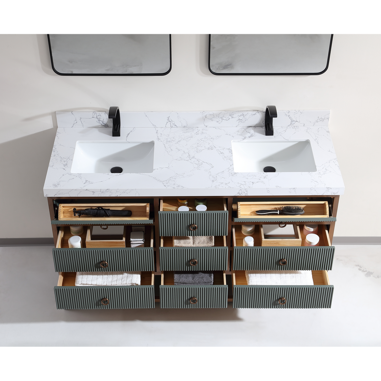 Legion Furniture 60" DOUBLE VANITY WITH GOLDEN BRUSH STAINLESS STEEL FRAME AND PEWTER GREEN FINISH WITH 2" THICK WHITE ARTIFICIAL STONE TOP WK2438-60D-PG-WITH WHITE ARTIFICIAL TOP