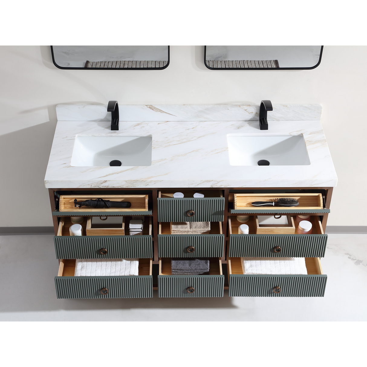 Legion Furniture 60" DOUBLE VANITY WITH GOLDEN BRUSH STAINLESS STEEL FRAME AND PEWTER GREEN FINISH WITH 2" THICK WHITE NATUAL STONE TOP WK2438-60D-PG-WITH WHITE NATURAL TOP