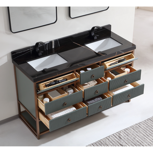 Legion Furniture 60" DOUBLE VANITY WITH GOLDEN BRUSH STAINLESS STEEL FRAME AND PEWTER GREEN FINISH WITH 2" THICK BLACK NATUAL STONE TOP WK2438-60D-PG-WITH BLACK NATURAL TOP