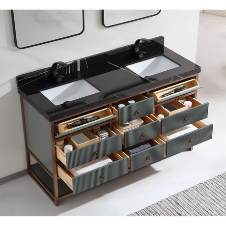 Legion Furniture 60" DOUBLE VANITY WITH GOLDEN BRUSH STAINLESS STEEL FRAME AND PEWTER GREEN FINISH WITH 2" THICK BLACK NATUAL STONE TOP WK2438-60D-PG-WITH BLACK NATURAL TOP
