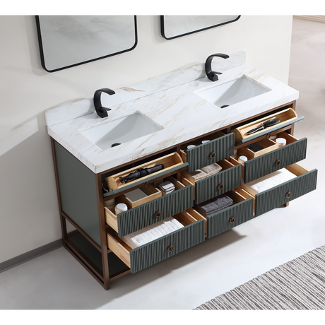 Legion Furniture 60" DOUBLE VANITY WITH GOLDEN BRUSH STAINLESS STEEL FRAME AND PEWTER GREEN FINISH WITH 2" THICK WHITE NATUAL STONE TOP WK2438-60D-PG-WITH WHITE NATURAL TOP