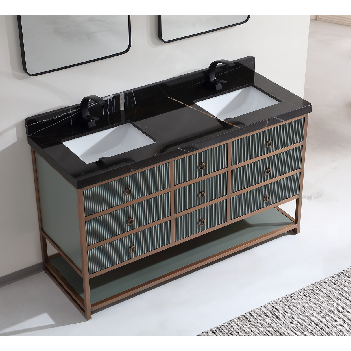 Legion Furniture 60" DOUBLE VANITY WITH GOLDEN BRUSH STAINLESS STEEL FRAME AND PEWTER GREEN FINISH WITH 2" THICK BLACK NATUAL STONE TOP WK2438-60D-PG-WITH BLACK NATURAL TOP