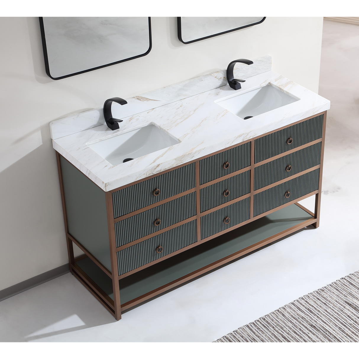 Legion Furniture 60" DOUBLE VANITY WITH GOLDEN BRUSH STAINLESS STEEL FRAME AND PEWTER GREEN FINISH WITH 2" THICK WHITE NATUAL STONE TOP WK2438-60D-PG-WITH WHITE NATURAL TOP