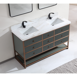 Legion Furniture 60" DOUBLE VANITY WITH GOLDEN BRUSH STAINLESS STEEL FRAME AND PEWTER GREEN FINISH WITH 2" THICK WHITE NATUAL STONE TOP WK2438-60D-PG-WITH WHITE NATURAL TOP