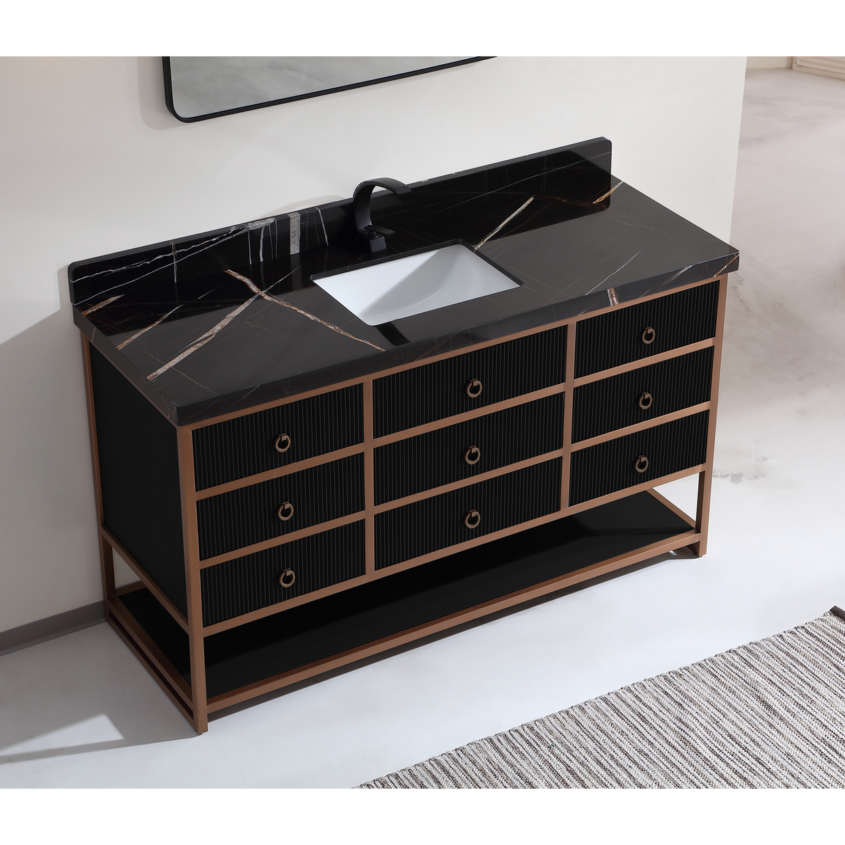 Legion Furniture 60" SINGLE VANITY WITH GOLDEN BRUSH STAINLESS STEEL FRAME AND TRICORN BLACK FINISH WITH 2' THICK BLACK NATUAL STONE TOP WK2438-60S-BG-WITH BLACK NATURAL TOP