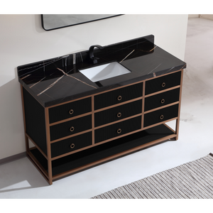 Legion Furniture 60" SINGLE VANITY WITH GOLDEN BRUSH STAINLESS STEEL FRAME AND TRICORN BLACK FINISH WITH 2' THICK BLACK NATUAL STONE TOP WK2438-60S-BG-WITH BLACK NATURAL TOP