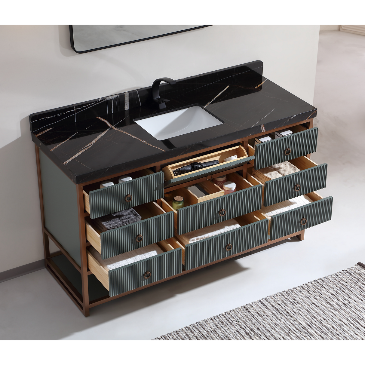 Legion Furniture 60" SINGLE VANITY WITH GOLDEN BRUSH STAINLESS STEEL FRAME AND PEWTER GREEN FINISH WITH 2" THICK BLACK NATUAL STONE TOP WK2438-60S-PG-WITH BLACK NATURAL TOP