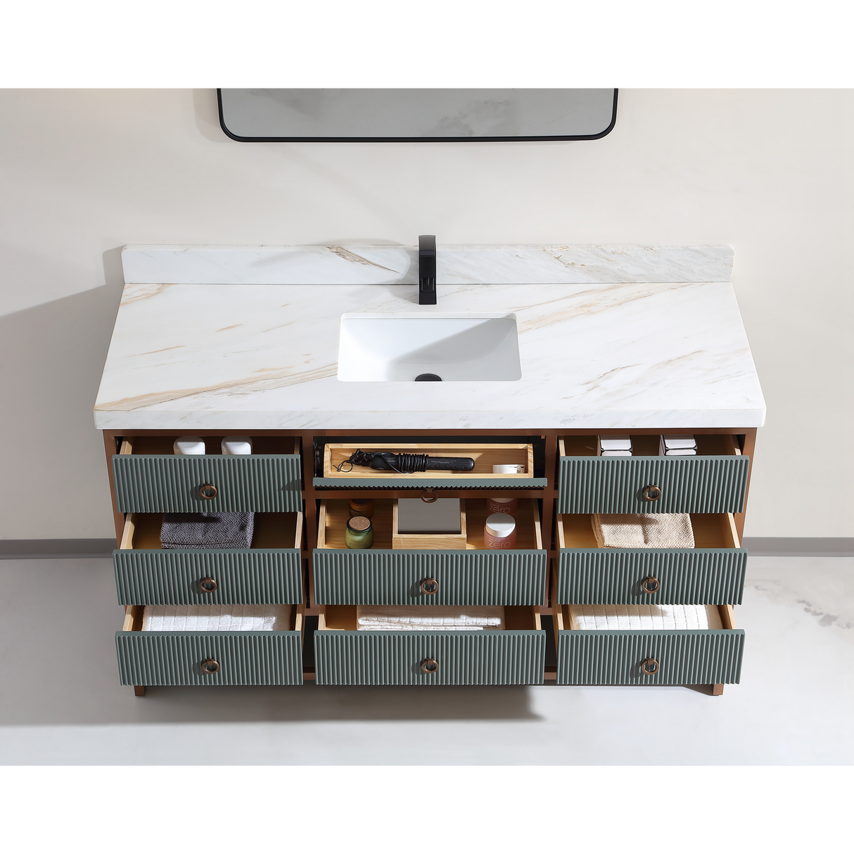 Legion Furniture 60" SINGLE VANITY WITH GOLDEN BRUSH STAINLESS STEEL FRAME AND PEWTER GREEN FINISH WITH 2" THICK WHITE NATUAL STONE TOP WK2438-60S-PG-WITH WHITE NATURAL TOP