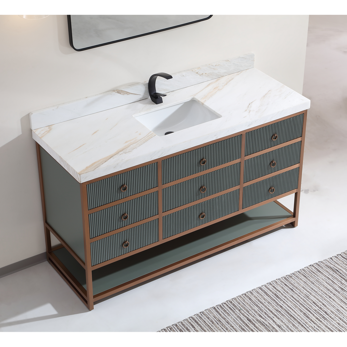 Legion Furniture 60" SINGLE VANITY WITH GOLDEN BRUSH STAINLESS STEEL FRAME AND PEWTER GREEN FINISH WITH 2" THICK WHITE NATUAL STONE TOP WK2438-60S-PG-WITH WHITE NATURAL TOP