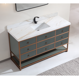 Legion Furniture 60" SINGLE VANITY WITH GOLDEN BRUSH STAINLESS STEEL FRAME AND PEWTER GREEN FINISH WITH 2" THICK WHITE NATUAL STONE TOP WK2438-60S-PG-WITH WHITE NATURAL TOP