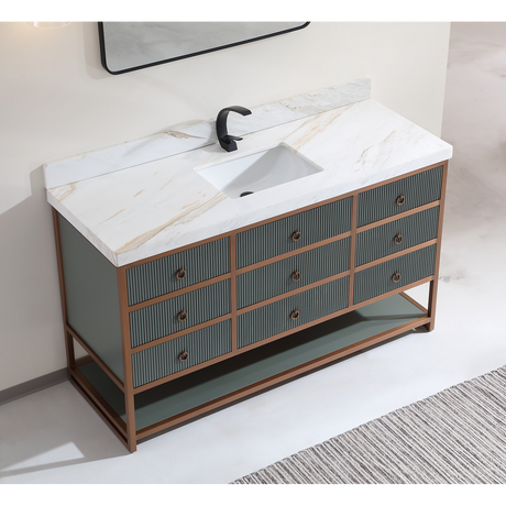 Legion Furniture 60" SINGLE VANITY WITH GOLDEN BRUSH STAINLESS STEEL FRAME AND PEWTER GREEN FINISH WITH 2" THICK WHITE NATUAL STONE TOP WK2438-60S-PG-WITH WHITE NATURAL TOP