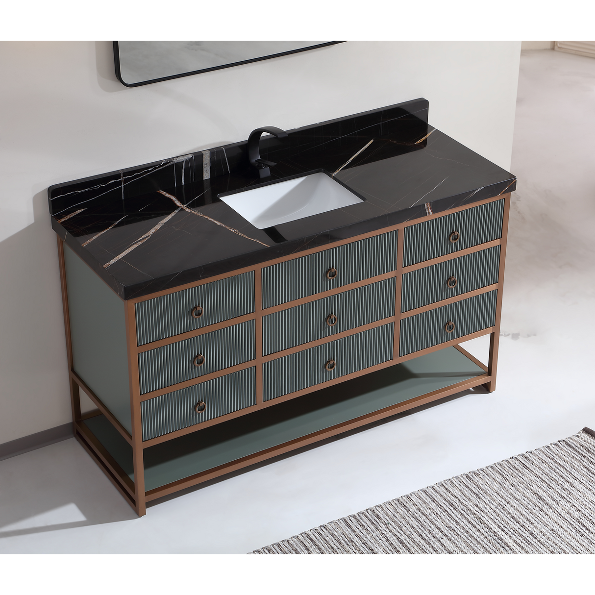Legion Furniture 60" SINGLE VANITY WITH GOLDEN BRUSH STAINLESS STEEL FRAME AND PEWTER GREEN FINISH WITH 2" THICK BLACK NATUAL STONE TOP WK2438-60S-PG-WITH BLACK NATURAL TOP