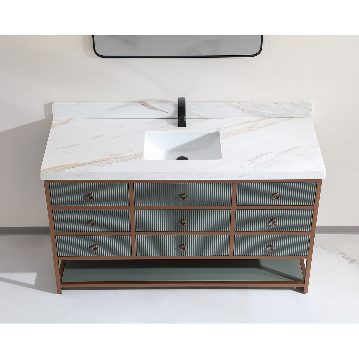 Legion Furniture 60" SINGLE VANITY WITH GOLDEN BRUSH STAINLESS STEEL FRAME AND PEWTER GREEN FINISH WITH 2" THICK WHITE NATUAL STONE TOP WK2438-60S-PG-WITH WHITE NATURAL TOP