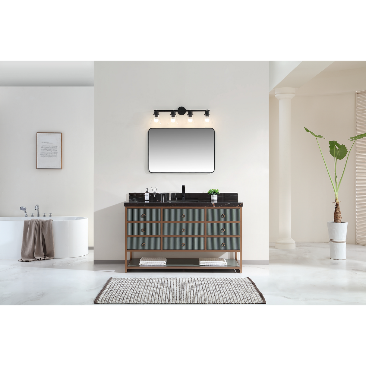 Legion Furniture 60" SINGLE VANITY WITH GOLDEN BRUSH STAINLESS STEEL FRAME AND PEWTER GREEN FINISH WITH 2" THICK BLACK NATUAL STONE TOP WK2438-60S-PG-WITH BLACK NATURAL TOP