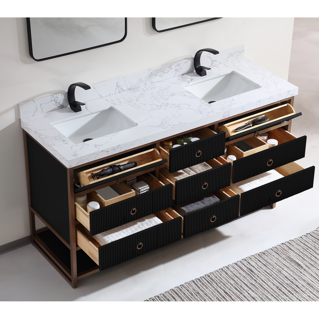 Legion Furniture 72" DOUBLE VANITY WITH GOLDEN BRUSH STAINLESS STEEL FRAME AND TRICORN BLACK FINISH WITH 2' THICK WHITE ARTIFICIAL STONE TOP WK2438-72-BG-WITH WHITE ARTIFICIAL TOP