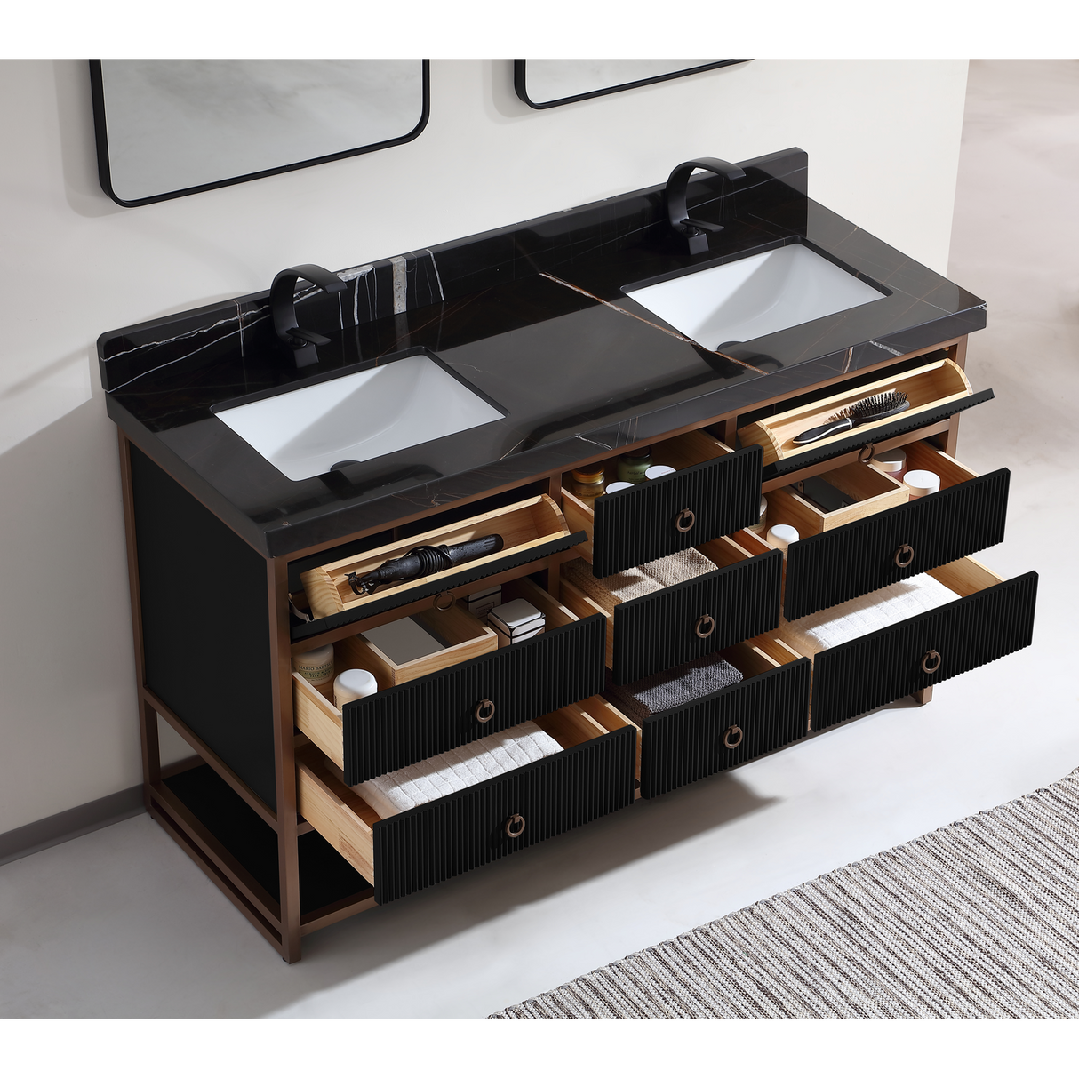 Legion Furniture 72" DOUBLE VANITY WITH GOLDEN BRUSH STAINLESS STEEL FRAME AND TRICORN BLACK FINISH WITH 2' THICK BLACK NATUAL STONE TOP WK2438-72-BG-WITH BLACK NATURAL TOP