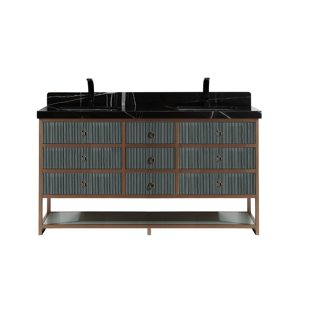 Legion Furniture 72" DOUBLE VANITY WITH GOLDEN BRUSH STAINLESS STEEL FRAME AND PEWTER GREEN FINISH WITH 2" THICK BLACK NATUAL STONE TOP WK2438-72-PG-WITH BLACK NATURAL TOP