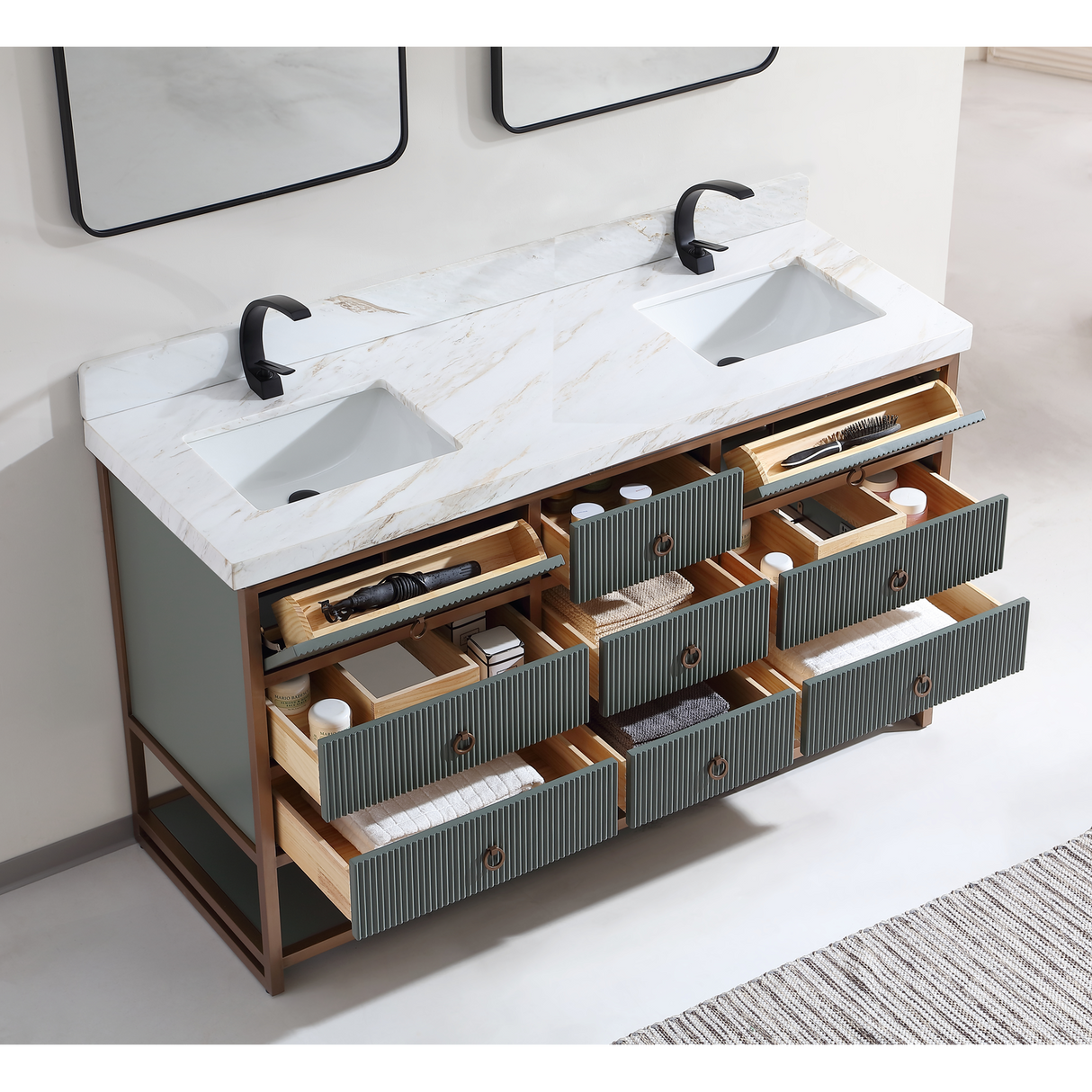 Legion Furniture 72" DOUBLE VANITY WITH GOLDEN BRUSH STAINLESS STEEL FRAME AND PEWTER GREEN FINISH WITH 2" THICK WHITE NATUAL STONE TOP WK2438-72-PG-WITH WHITE NATURAL TOP