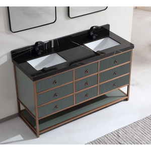 Legion Furniture 72" DOUBLE VANITY WITH GOLDEN BRUSH STAINLESS STEEL FRAME AND PEWTER GREEN FINISH WITH 2" THICK BLACK NATUAL STONE TOP WK2438-72-PG-WITH BLACK NATURAL TOP